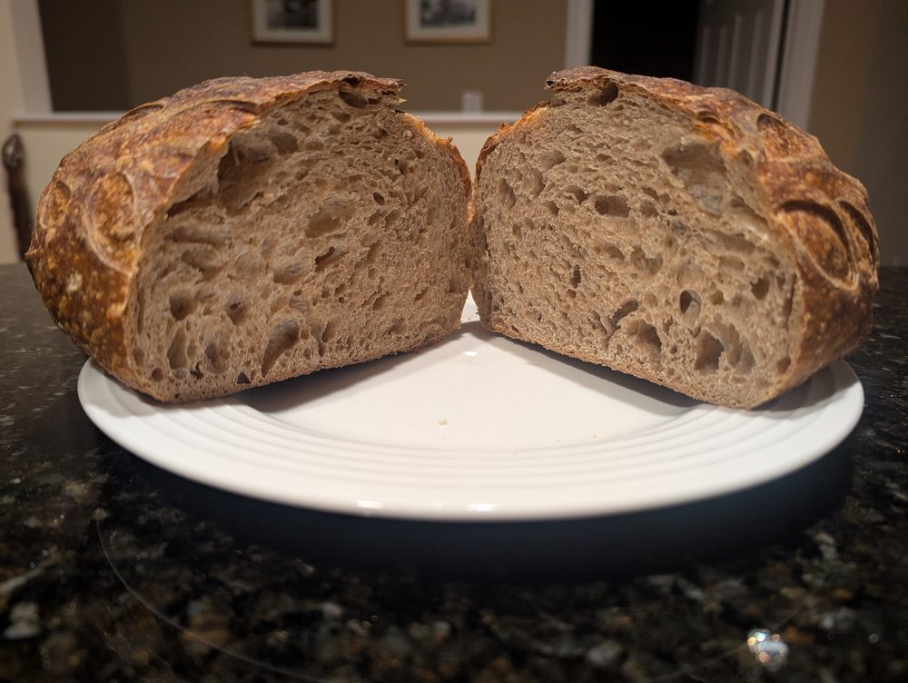 Sourdough loaf cut open showing open crumb
