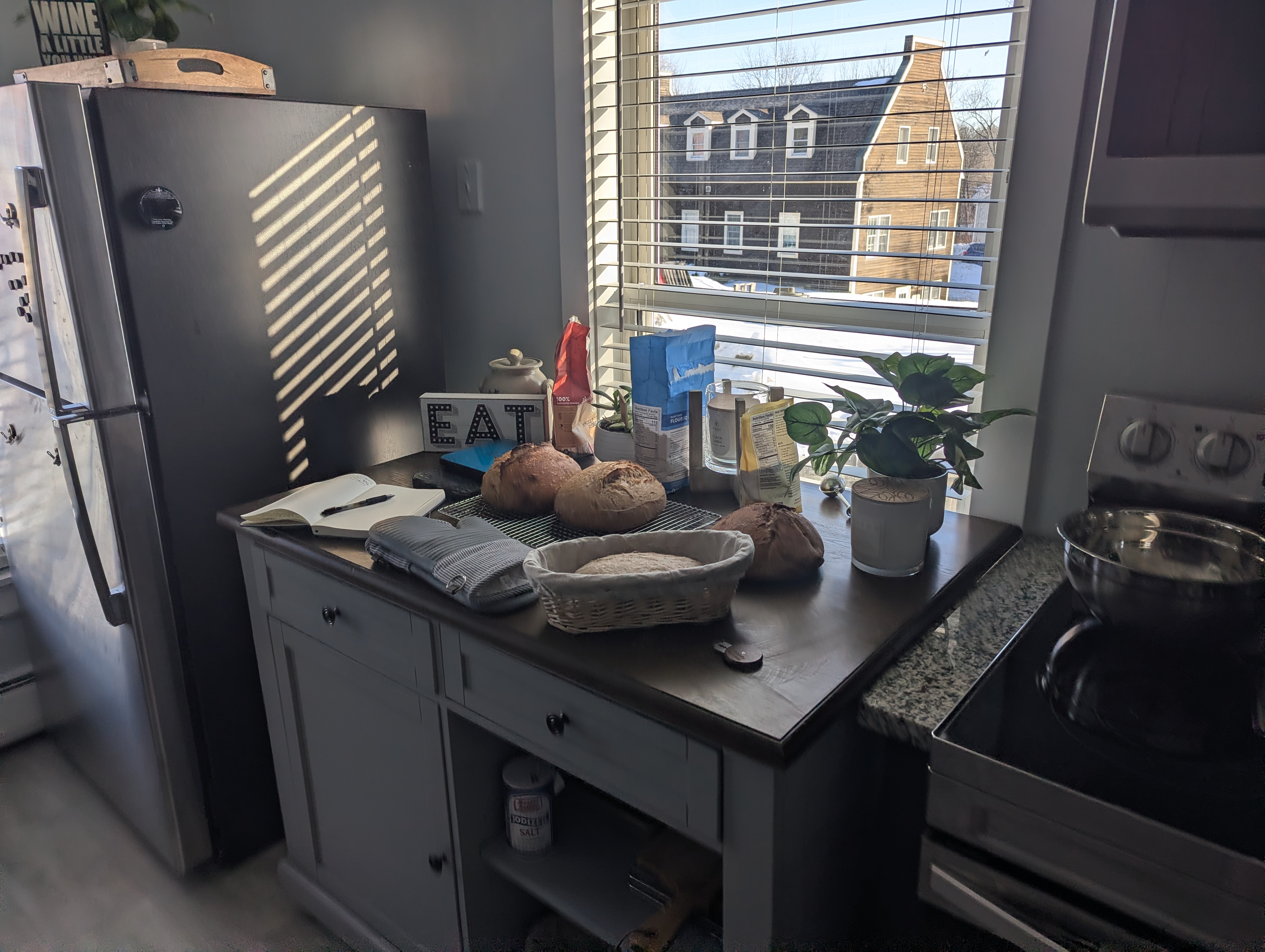 Baked loaves and proofing dough