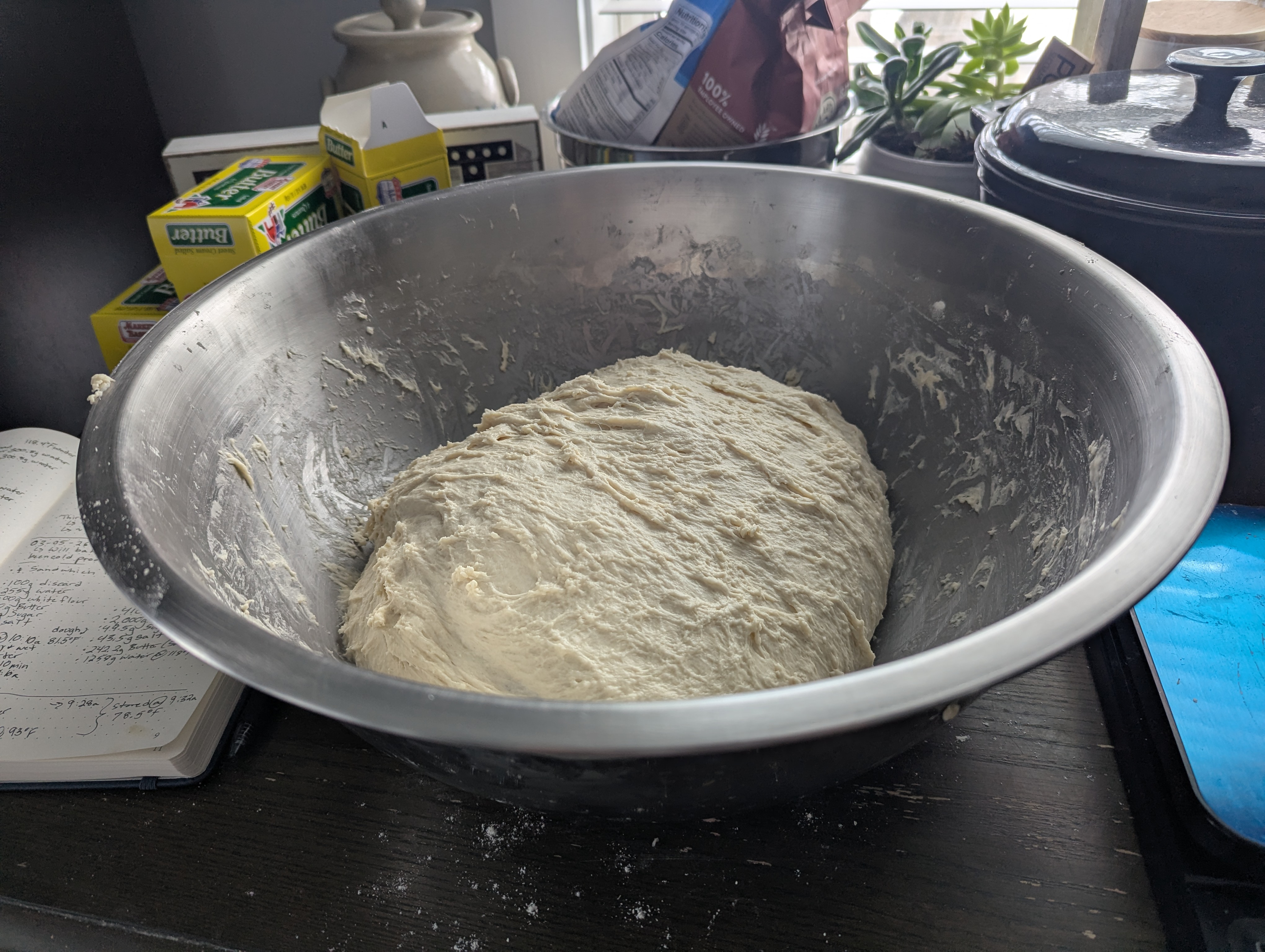 Dough in bowl with recipe notebook