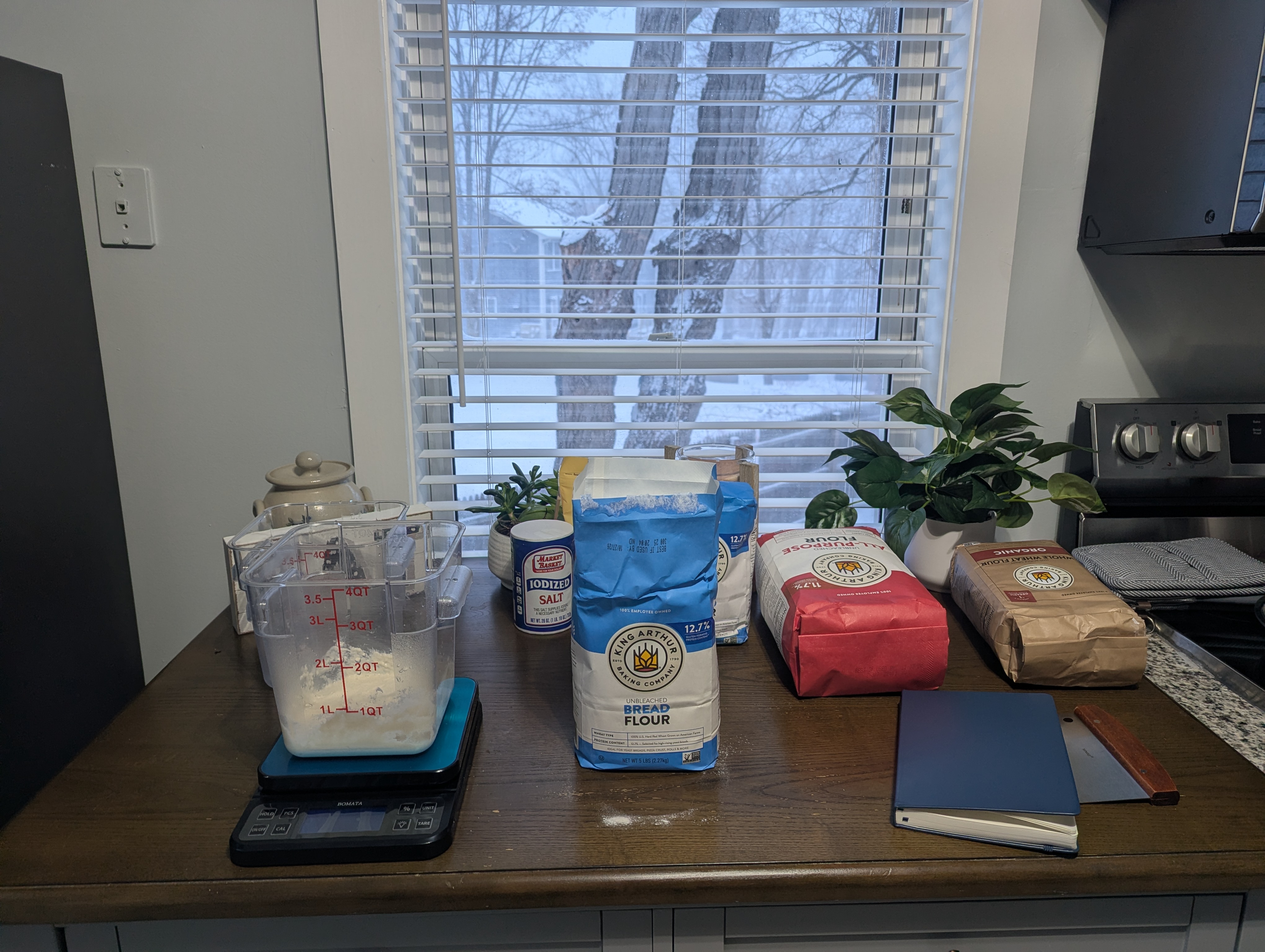 Artisan bread ingredients: flour, salt, and scale for measuring